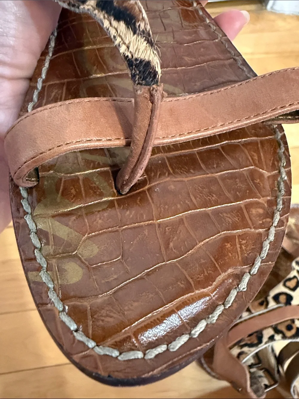 Sam Edelman Leopard Print Brown and Cream Toe-Ring Ankle Strap Sandals - Picture 14 of 15